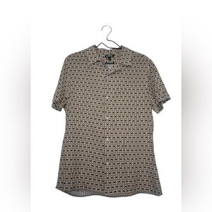 Express Men’s M Short Sleeve Button Down Shirt Tan Black Geometric Diamond Print